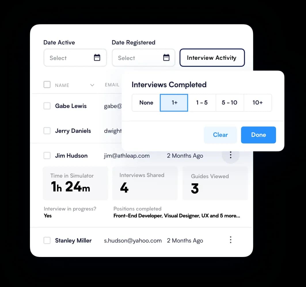 User management interface with filters